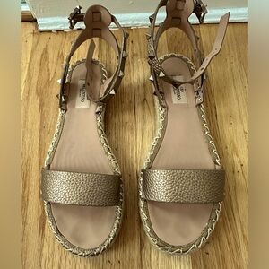 Valentino Rockstud bronze grain leather espadrille flat sandal